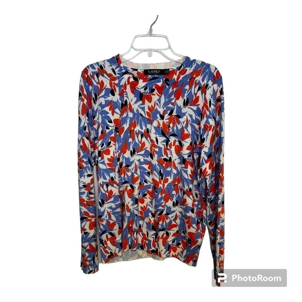 LAUREN RALPH LAUREN Women's Blue Floral Long Sleeve Crew Neck Sweater, Large